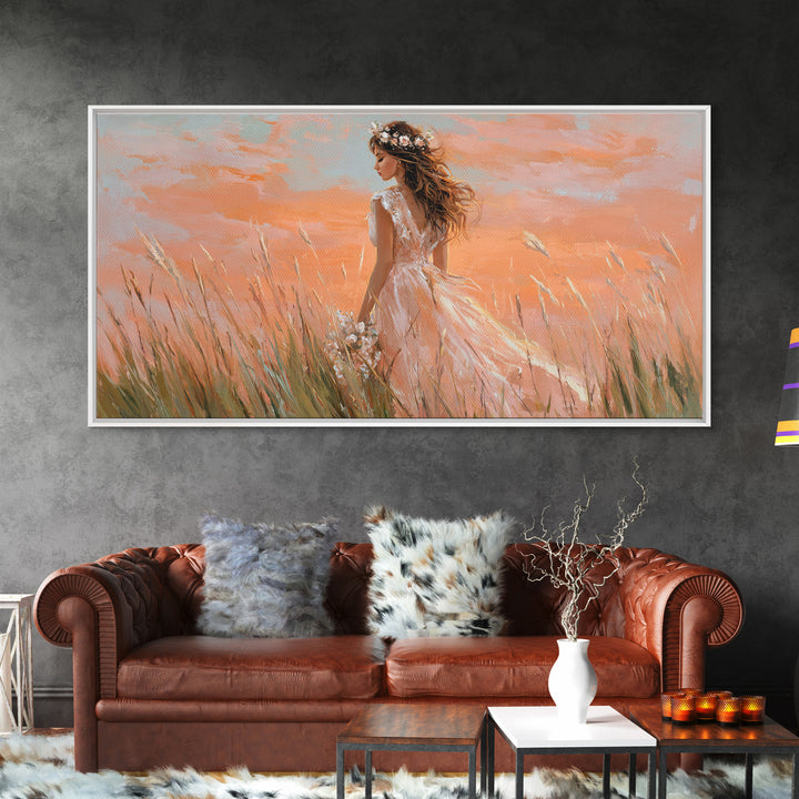 Boho Bride In Golden Meadow Canvas Print, Romantic Feminine Wall Art, Soft Peach Sunset Bedroom Decor, Wedding Gift For Her