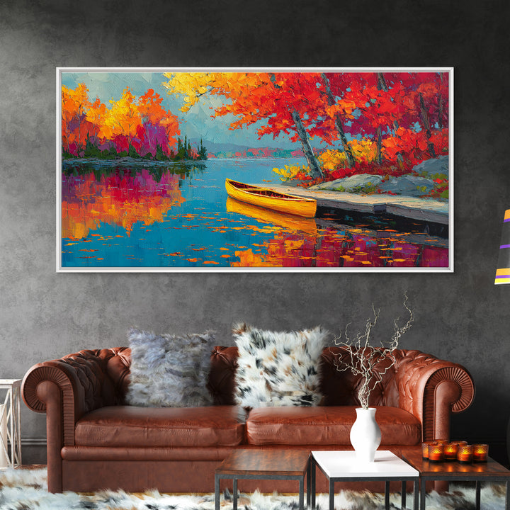 Autumn Canoe Lake Painting Canvas Print, Colorful Fall Landscape Wall Art, Lake House Decor, Rustic Cabin Living Room Art