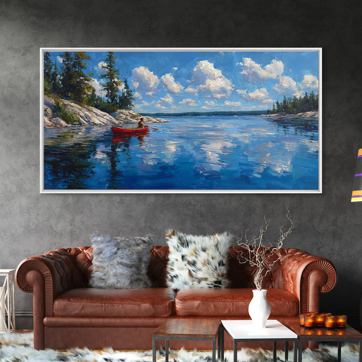 Red Kayak Mountain Lake Wall Art, Blue Water Landscape Canvas, Peaceful Cabin Decor For Lake House, Nature Art Print Gift