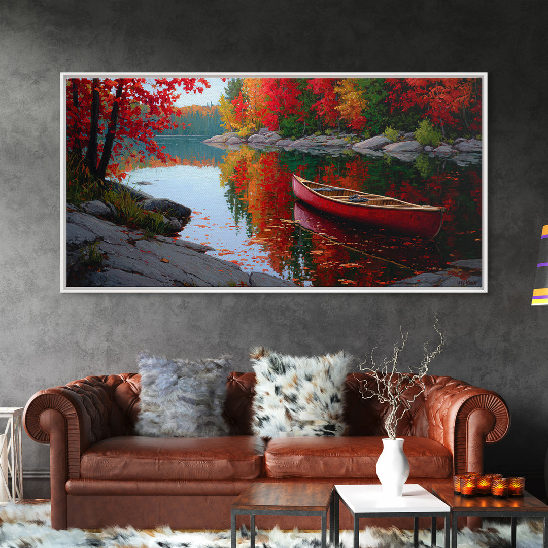Red Canoe On Autumn Lake Framed Canvas Print, Cabin Wall Art, Fall Landscape Painting, Rustic Lake House Decor, Nature Art Print