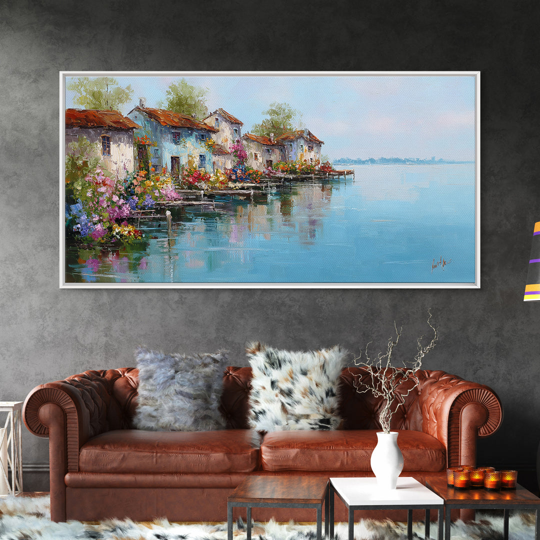 Mediterranean Village Reflected On Blue Water Wall Art, Italian Coastal Canvas Print, Lake Como Decor, European Home Decor