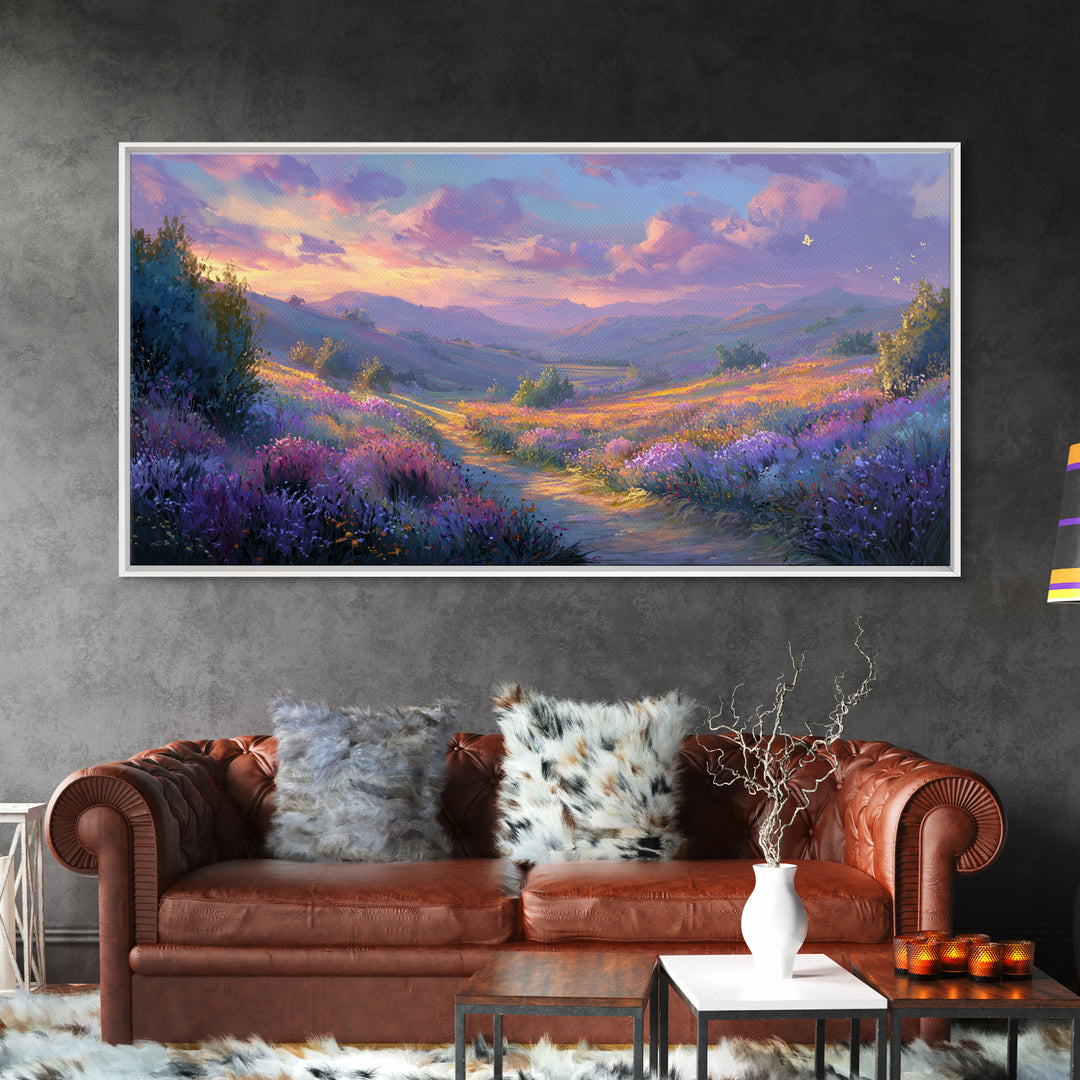 Lavender Mountain Valley Canvas Print, Colorful Landscape Wall Art, Purple Wildflower Living Room Decor, Statement Large Print