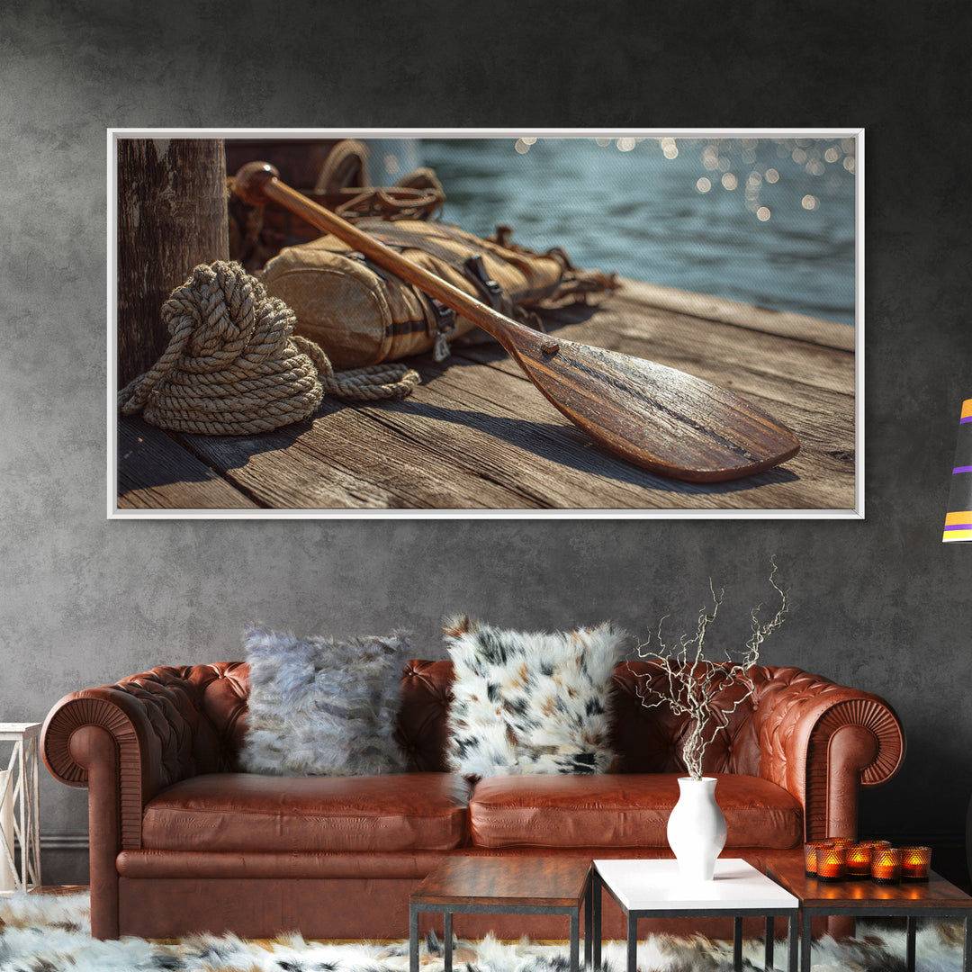 Weathered Paddle And Rope On Dock Canvas Print, Nautical Wall Art, Lake House Decor, Coastal Cabin Gift, Rustic Boat Print