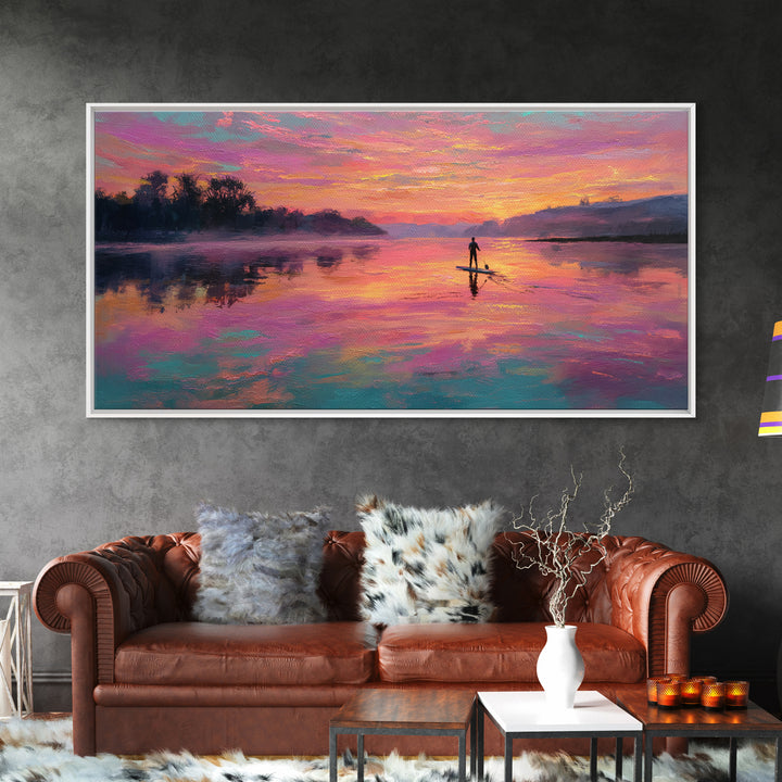 Paddleboarder On Pink Sunset Lake Wall Art, Colorful Seascape Canvas Print, Romantic Coastal Decor, Large Living Room Art