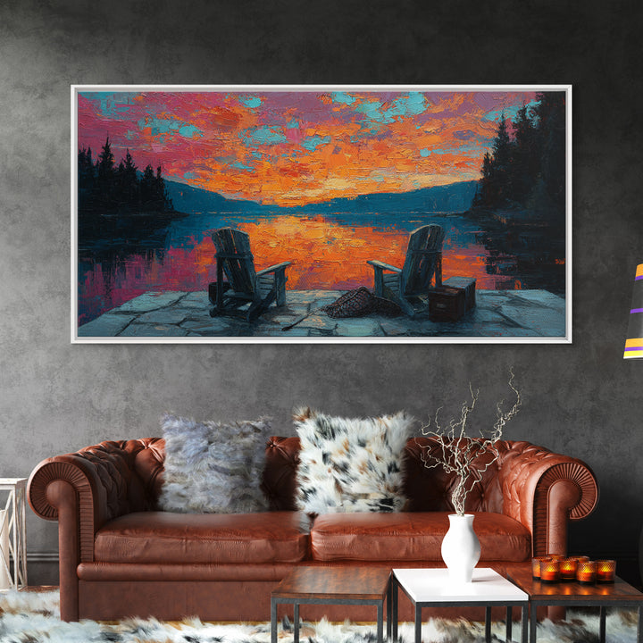 Two Adirondack Chairs By Vivid Lake Sunset Canvas Print, Cabin Wall Art, Rustic Decor, Lake House Decor, Cozy Gift For Living Room