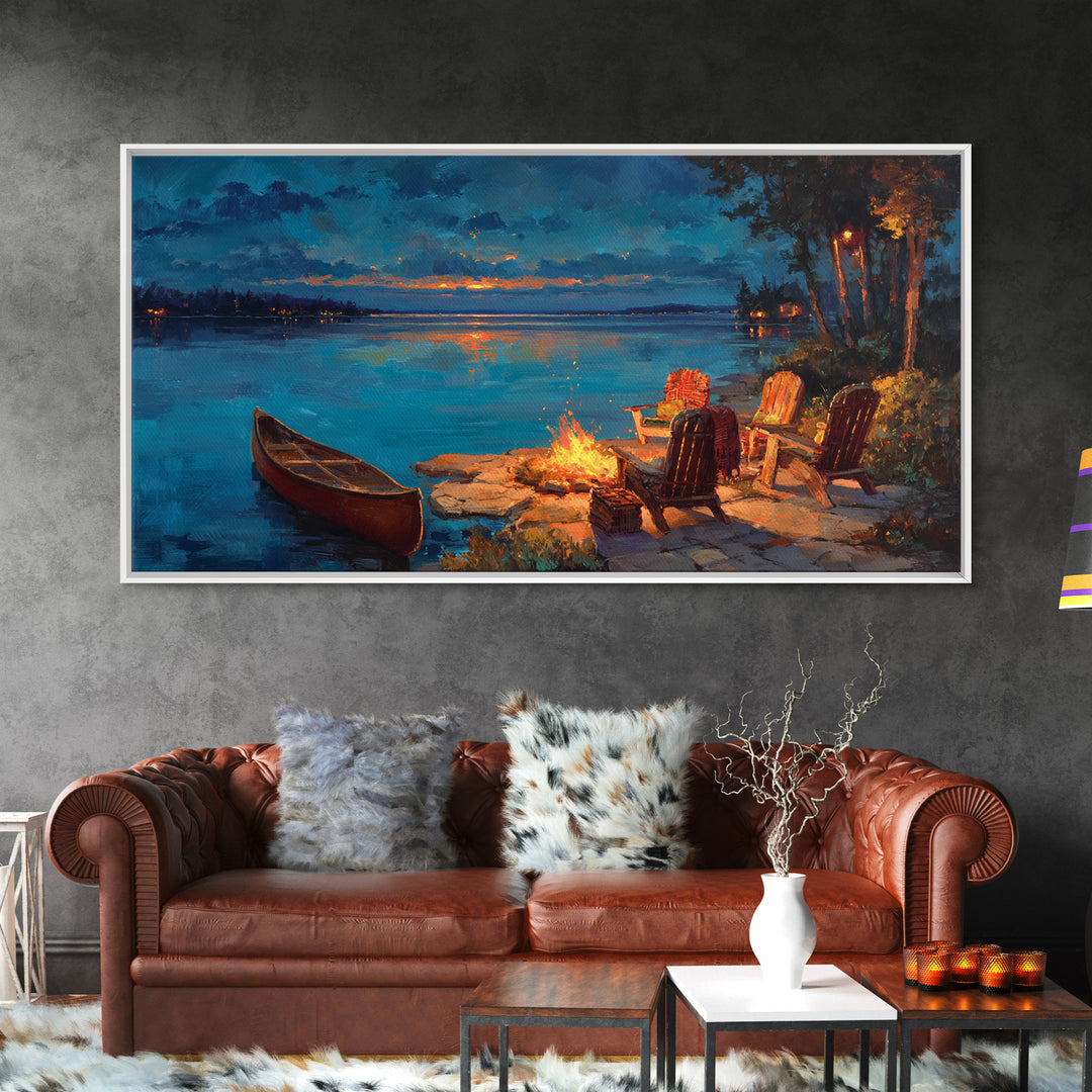 Cozy Lakeside Campfire Wall Art, Adirondack Chairs And Canoe Canvas, Rustic Lake House Cabin Decor For Living Room Decor