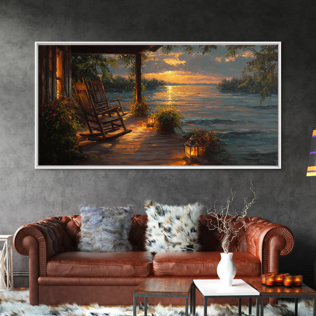 Sunset Porch Rocking Chair By Lake Wall Art, Cozy Cabin Canvas Print, Rustic Lakeside Home Decor, Housewarming Gift, Living Room Decor