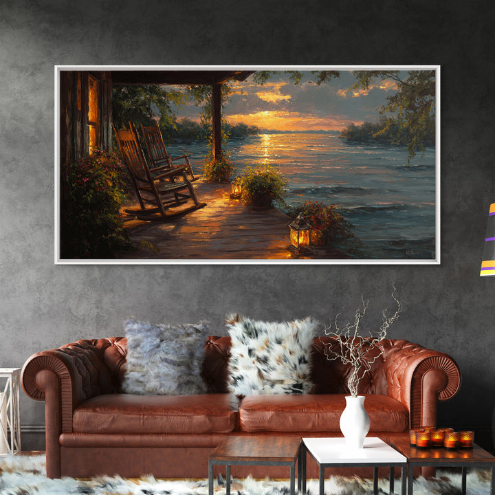 Sunset Porch Rocking Chair By Lake Wall Art, Cozy Cabin Canvas Print, Rustic Lakeside Home Decor, Housewarming Gift, Living Room Decor