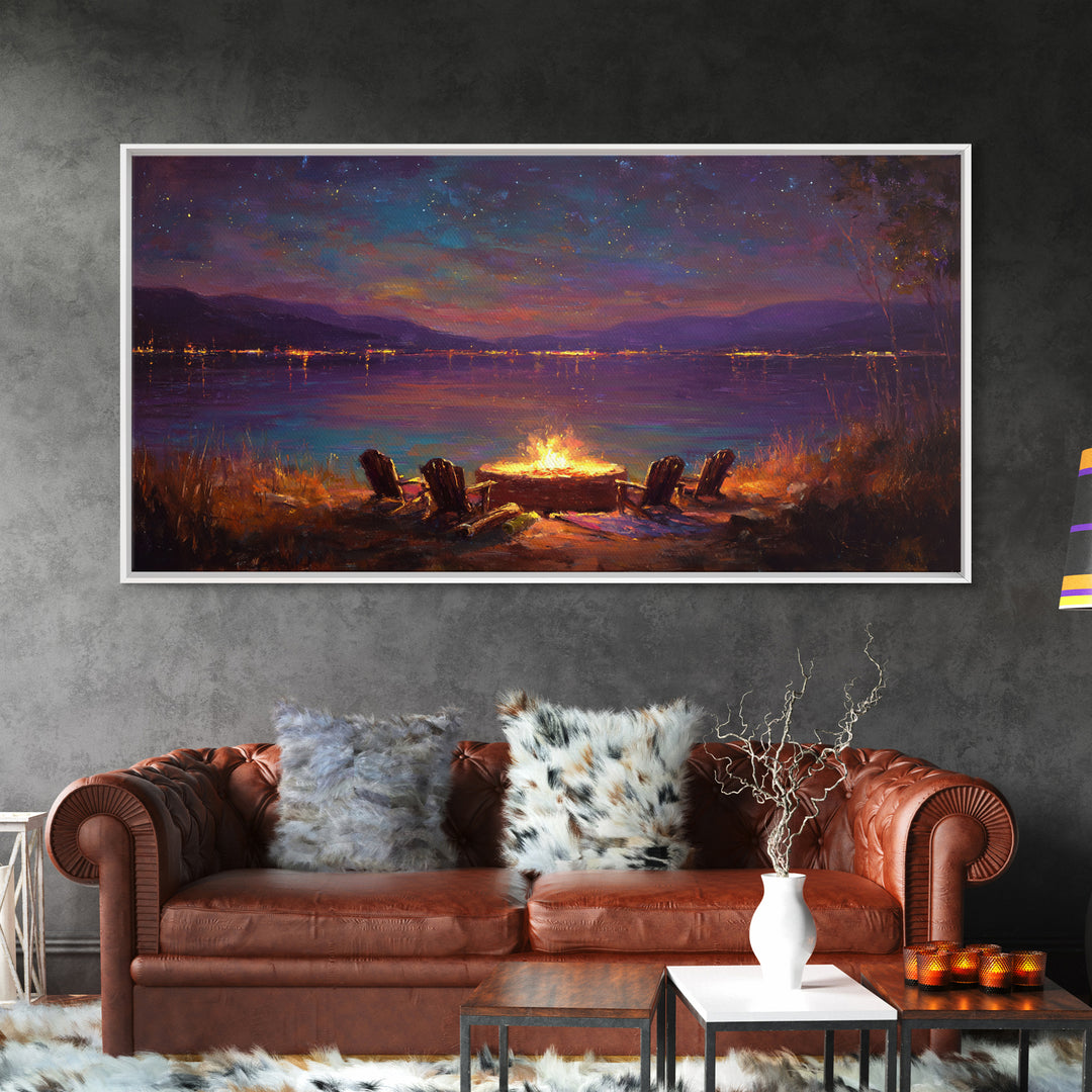 Campfire By Starlit Mountain Lake Canvas Print, Cozy Cabin Wall Decor, Rustic Landscape Art, Nature Lover Home Decor Gift