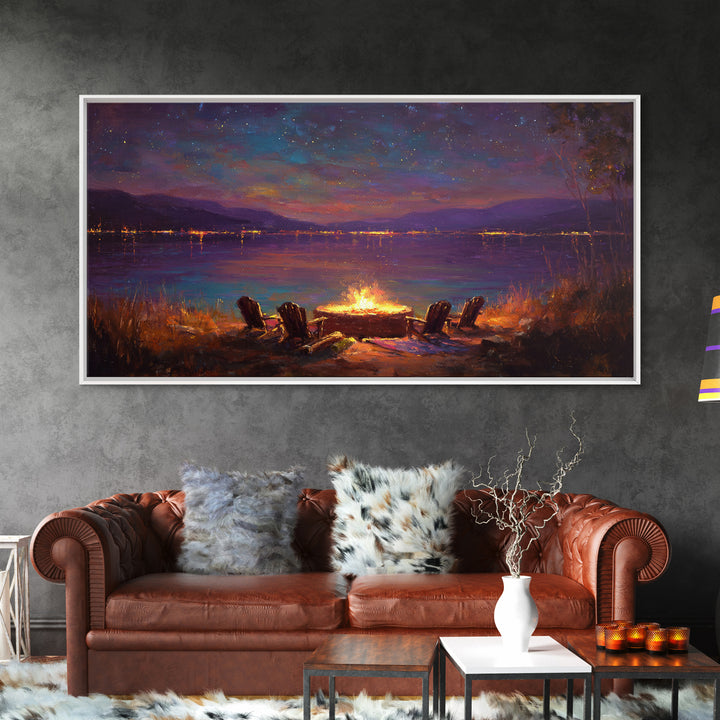 Campfire By Starlit Mountain Lake Canvas Print, Cozy Cabin Wall Decor, Rustic Landscape Art, Nature Lover Home Decor Gift