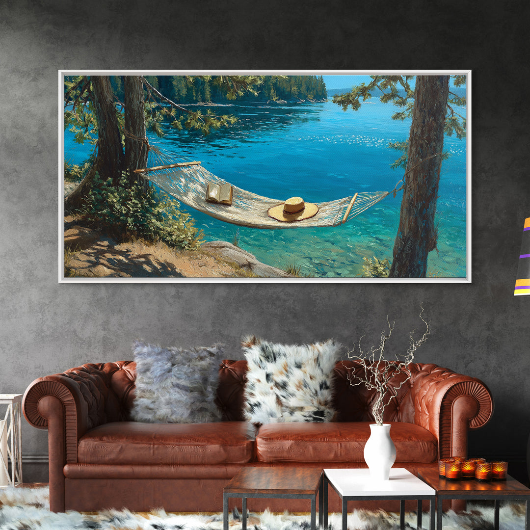 Lake Hammock Retreat Wall Art, Coastal Cabin Canvas Print, Nature Landscape, Lake House Decor, Relaxing Summer Home Decor