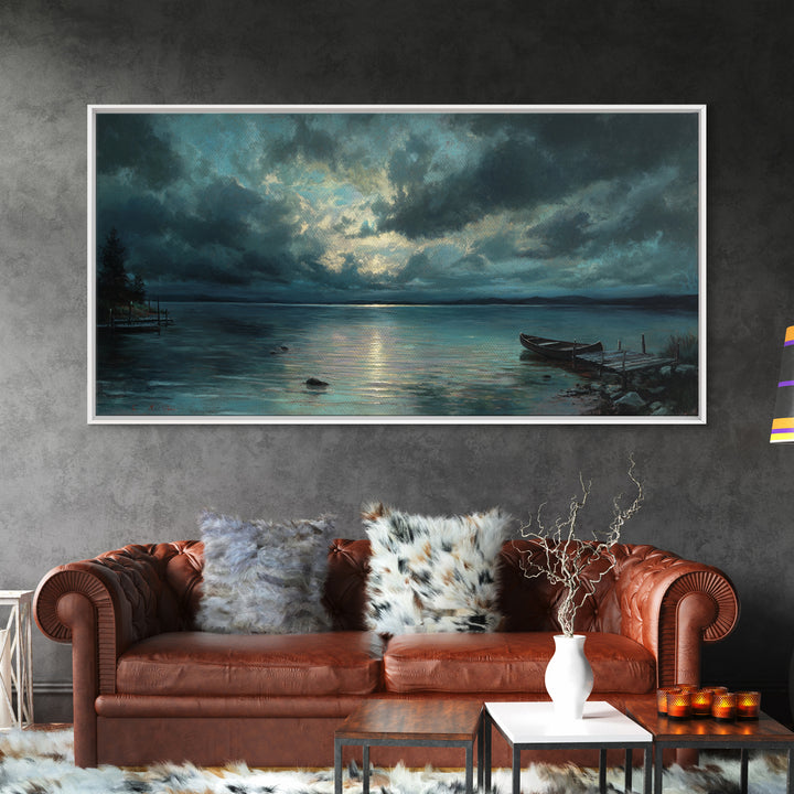 Stormy Moonlit Lake With Rowboat Wall Art, Moody Seascape Canvas Print, Dark Coastal Landscape Art, Living Room Decor, Office Decor
