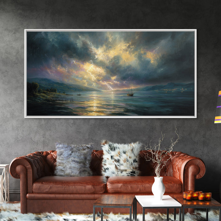 Stormy Ocean Lightning Seascape Canvas Print, Moody Wall Art, Nautical Decor, Coastal Landscape, Large Living Room Art Print