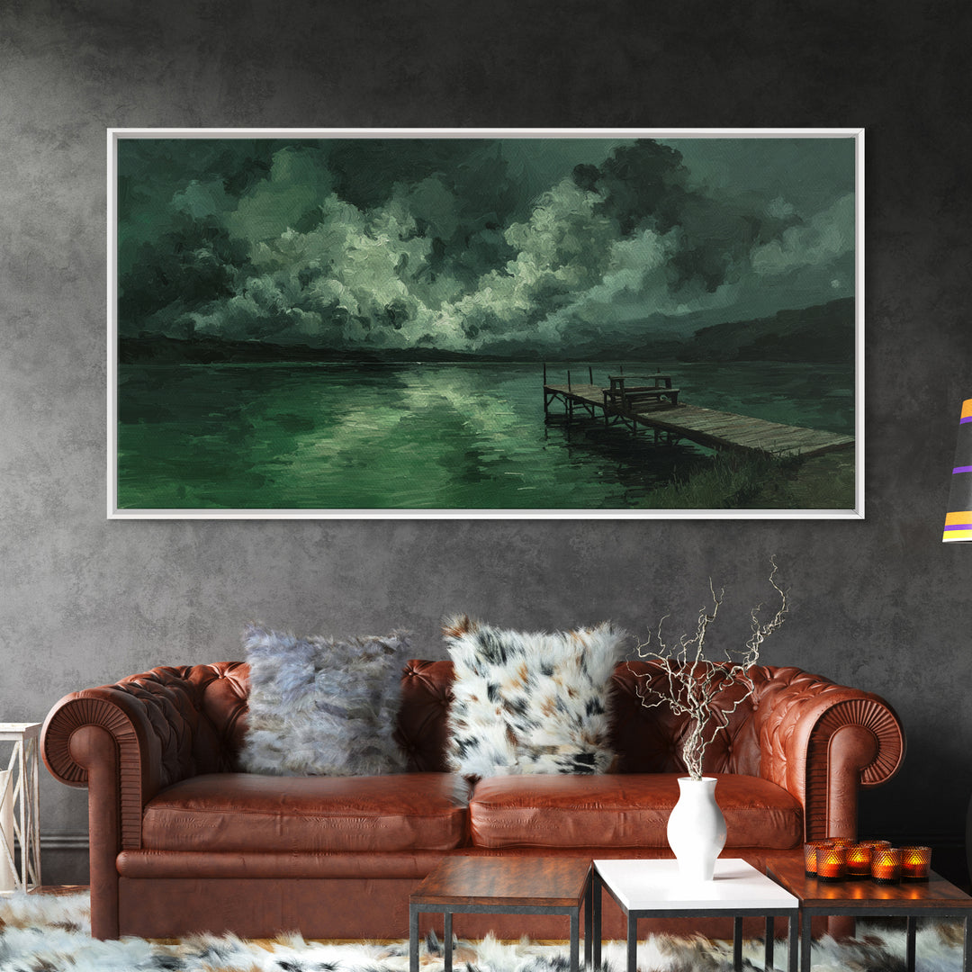 Moody Green Lake Dock At Stormy Night Wall Art, Dark Landscape Canvas Print, Rustic Cabin Decor, Emerald Nature Painting