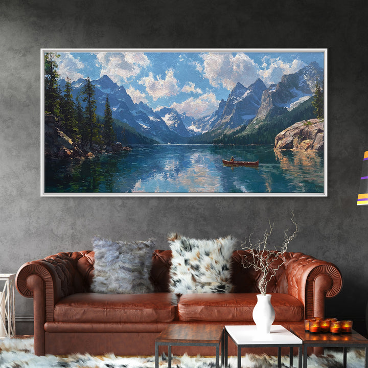 Mountain Lake Canoe Wall Art, Alpine Landscape Canvas Print, Serene Nature Decor, Large Rustic Cabin Gift For Living Room