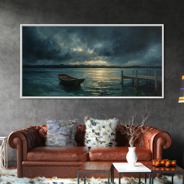 Stormy Row Boat And Wooden Dock Seascape Wall Art, Moody Ocean Canvas Print, Coastal Decor, Nautical Wall Decor Gift For Him