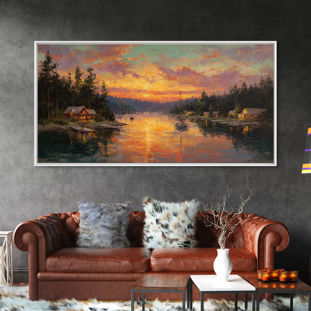 Glowing Lakeside Cabins At Sunset Framed Canvas Print, Rustic Lake House Wall Art, Cabin Decor, Landscape Painting, Living Room Decor