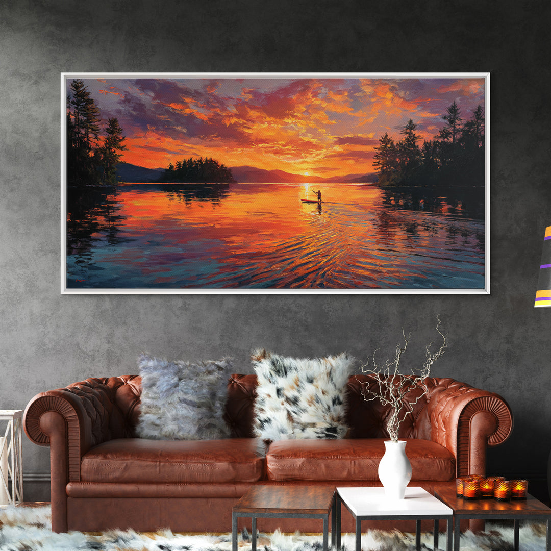 Fiery Sunset Kayaker On Mountain Lake Wall Art, Canvas Print, Outdoor Adventure Decor, Lake House Gift, Large Wall Art, Sunset Painting