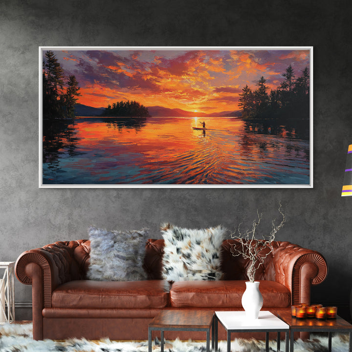 Fiery Sunset Kayaker On Mountain Lake Wall Art, Canvas Print, Outdoor Adventure Decor, Lake House Gift, Large Wall Art, Sunset Painting