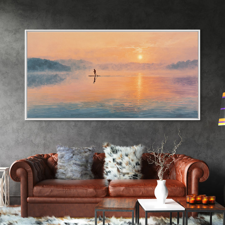 Minimal Paddleboarder On Misty Sunrise Lake Canvas Print, Calming Wall Art, Coastal Decor, Minimalist Landscape Art, Bedroom Decor