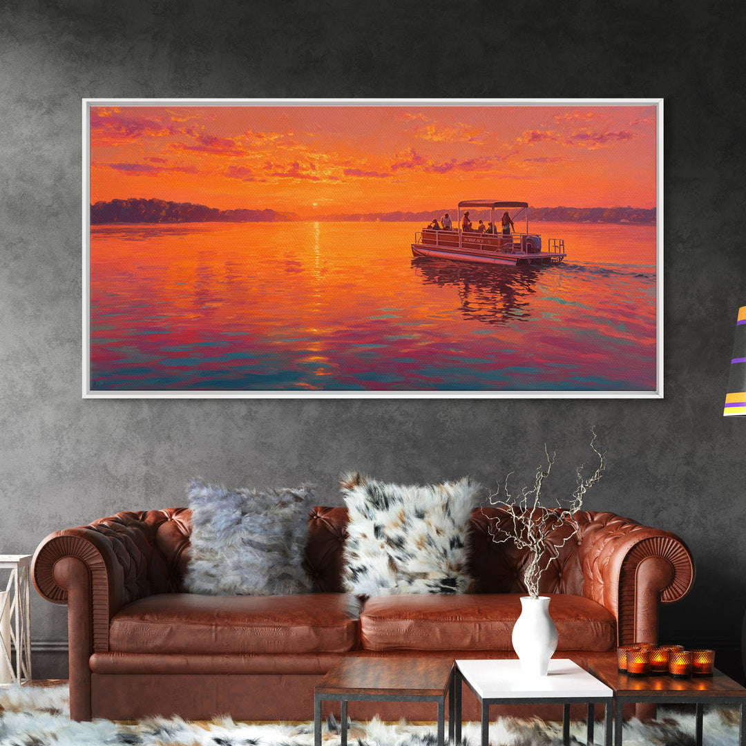Orange Sunset Pontoon Boat On Calm Lake Framed Canvas Print, Lake House Wall Art, Nautical Decor, Summer Home Decor, Gift For Him