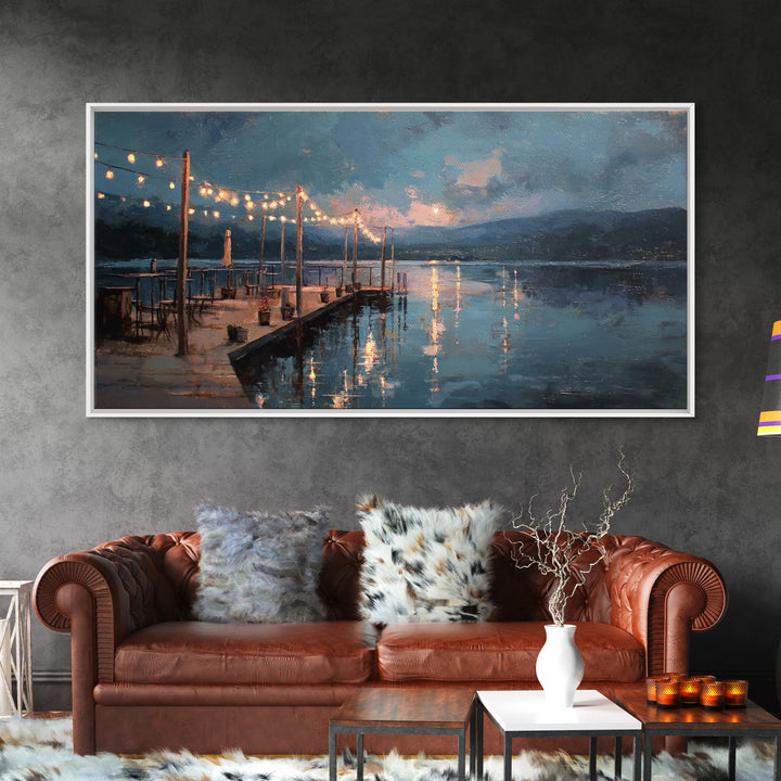 Moonlit Dock With String Lights Framed Canvas Print, Moody Lake Wall Art, Coastal Wall Decor, Rustic Cabin Home Decor, Office Decor