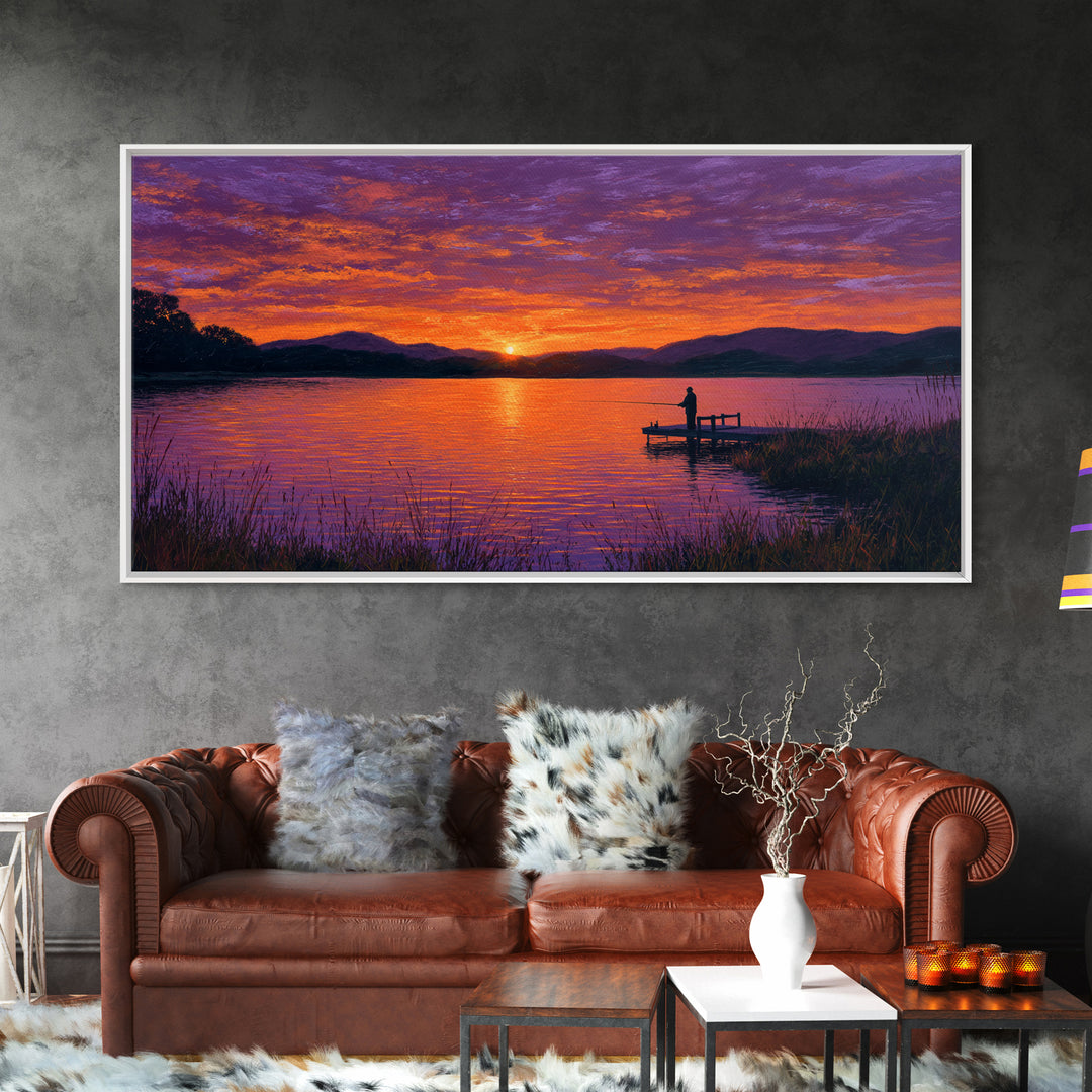 Solitary Figure On Dock At Purple Sunset Wall Art, Framed Canvas Print, Mountain Lake Decor, Peaceful Bedroom Art, Living Room Decor