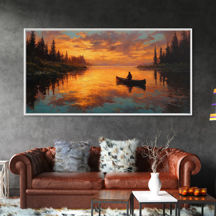 Golden Canoe At Sunset On Quiet Forest Lake Canvas Print, Rustic Cabin Wall Art, Nature Decor, Landscape Painting, Lake House Decor