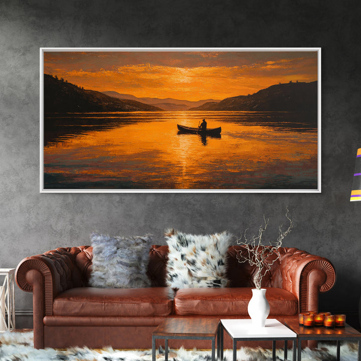 Orange Sunset Lake Boat Silhouette Canvas Print, Rustic Landscape Wall Decor, Serene Cabin Living Room Art, Housewarming Gift