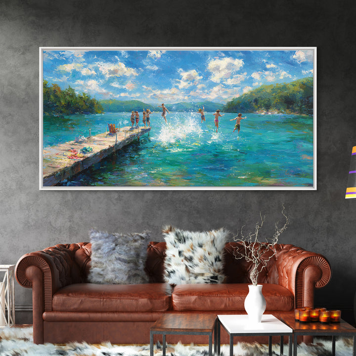 Joyful Summer Kids Jumping Into Blue Lake Artwork, Vibrant Landscape Canvas Print, Wall Art For Family Room And Children's Bedroom Decor