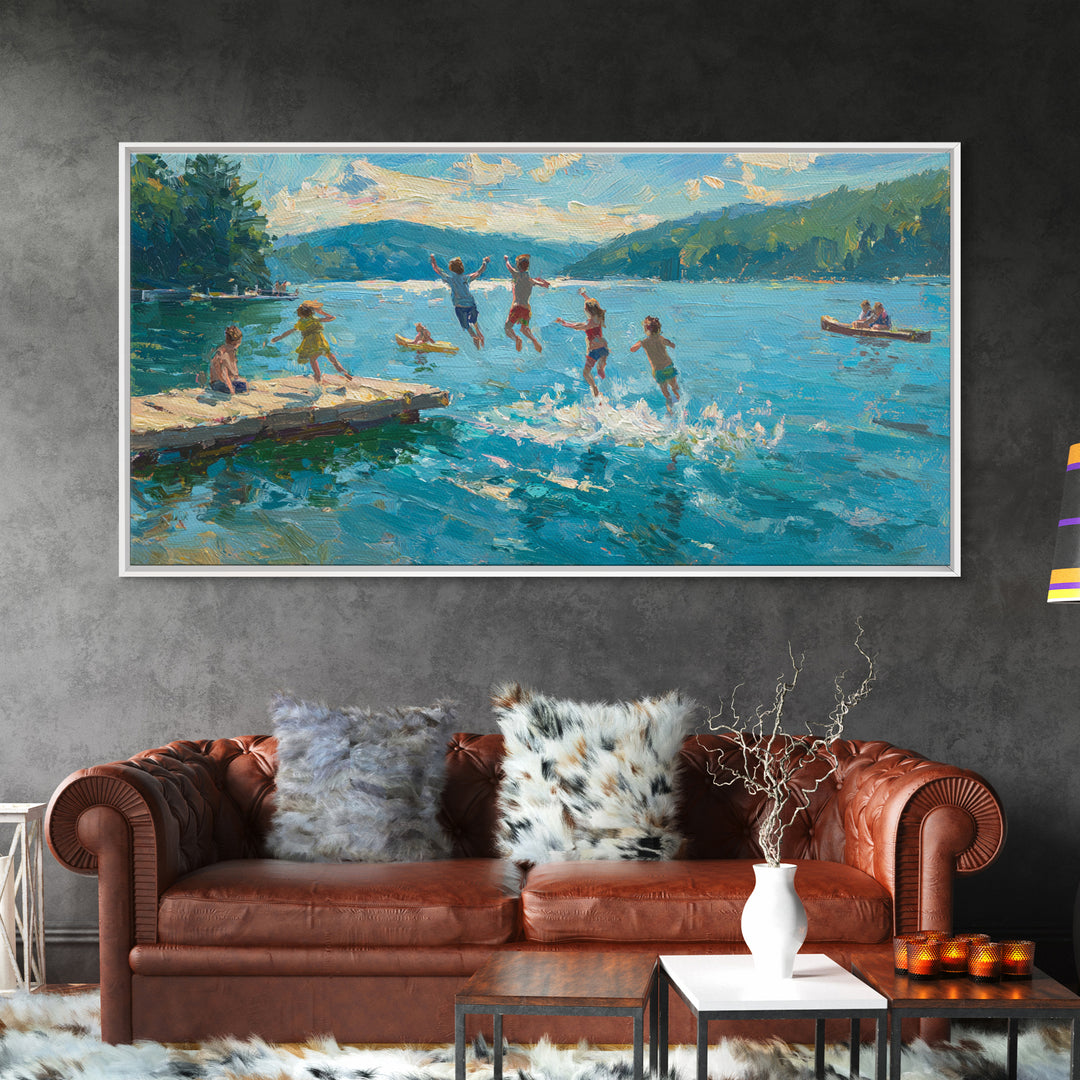 Children Jumping Into Lake On Summer Day With Vibrant Blue Water And Green Landscape Wall Art Canvas Print For Home Decor