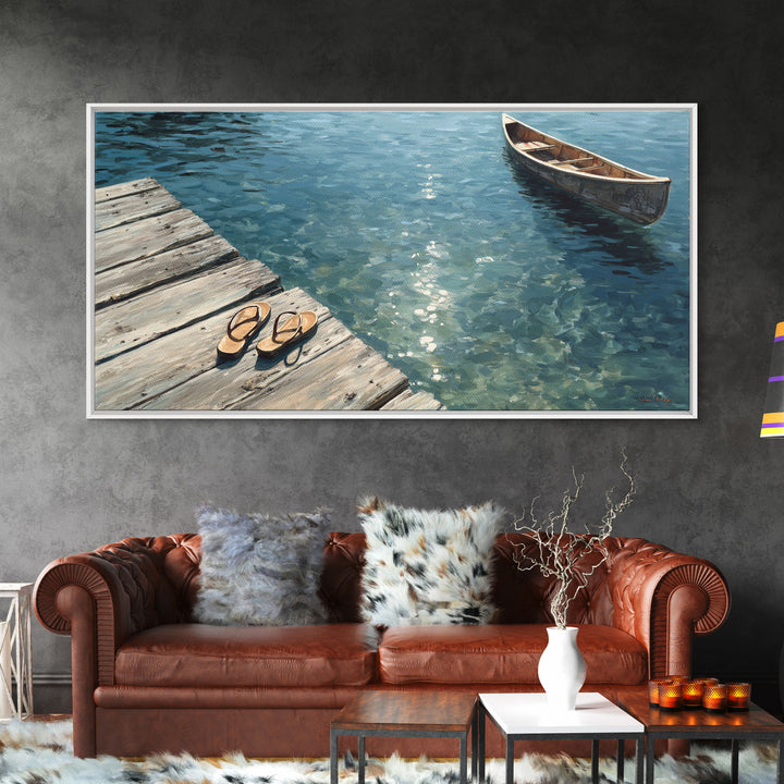 Serene Lake View With Wooden Boat And Dock Landscape Wall Art Framed Canvas Print For Coastal Home Decor