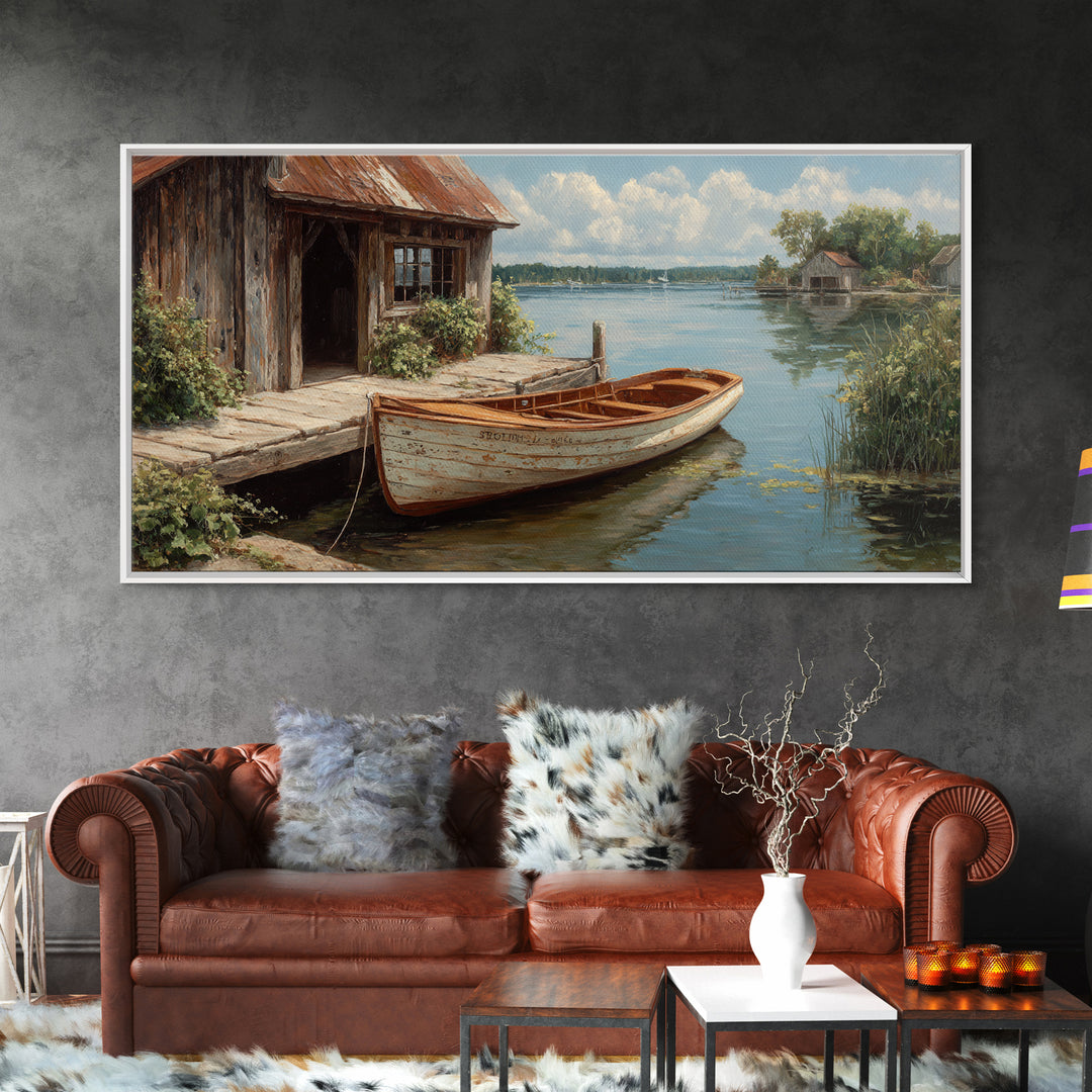 Rustic Waterfront Scene With Wooden Rowboat And Weathered Dock Painting Wall Art Canvas Print For Living Room Decor