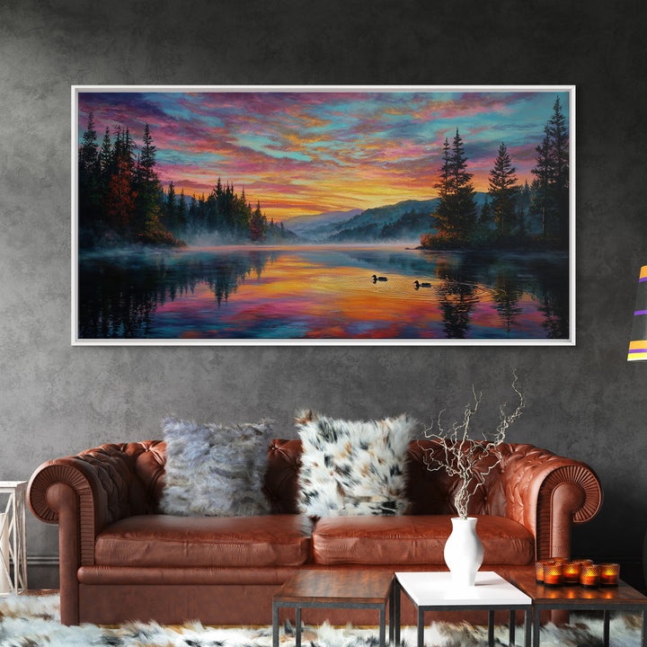 Serene Misty Lake Sunset Landscape Painting Wall Art Canvas Print For Tranquil Living Room Décor