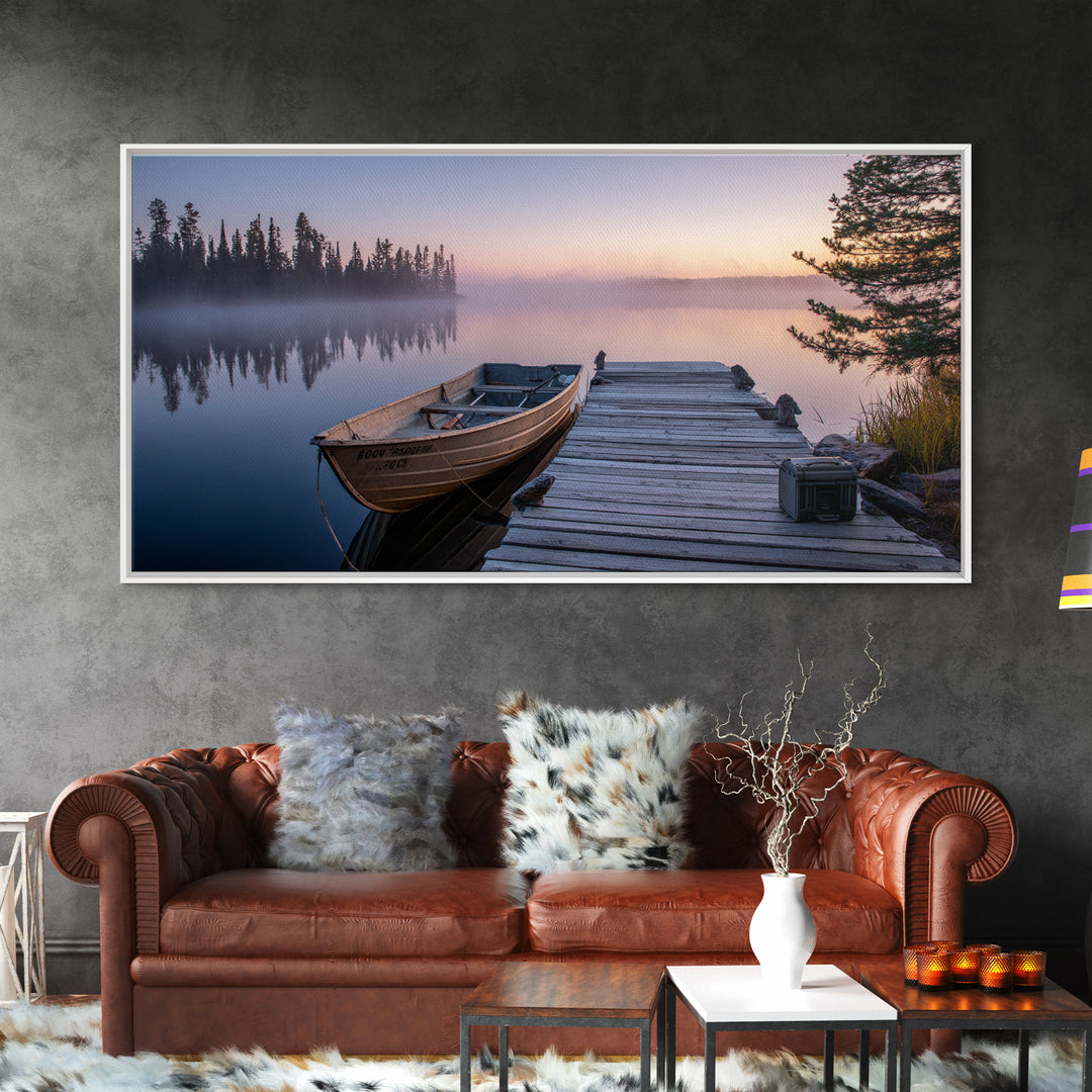 Misty Lake Morning With Boat And Trees Soft Pastel Landscape Wall Art For Rustic Home Decor And Large Framed Canvas Print