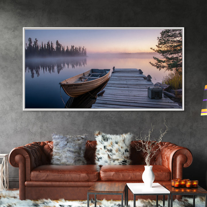 Misty Lake Morning With Boat And Trees Soft Pastel Landscape Wall Art For Rustic Home Decor And Large Framed Canvas Print
