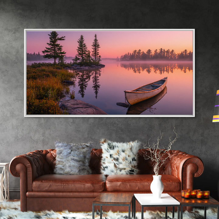 Peaceful Canoe On Misty Calm Lake At Sunrise Nature Wall Art Canvas Print For Tranquil Home Decor
