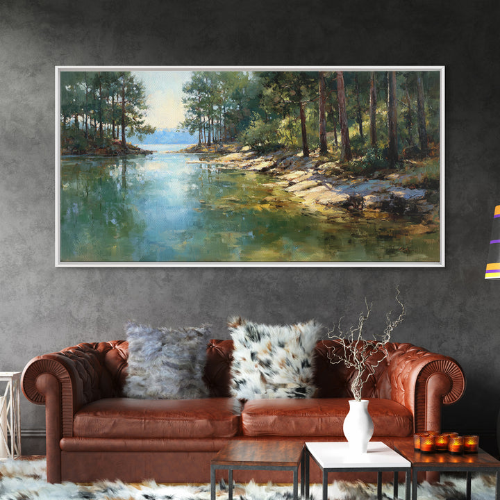 Woodland Landscape Painting With Misty Lake Framed Canvas Print Wall Art Rustic Nature Home Decor Large Art Print