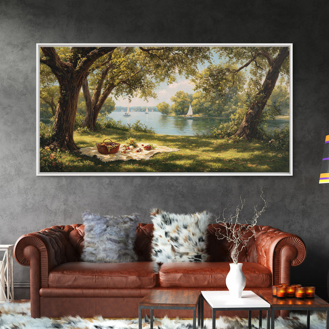 Idyllic Lakeside Picnic Scene With Trees And Sailboats Wall Art Framed Canvas Print For Living Room Decor