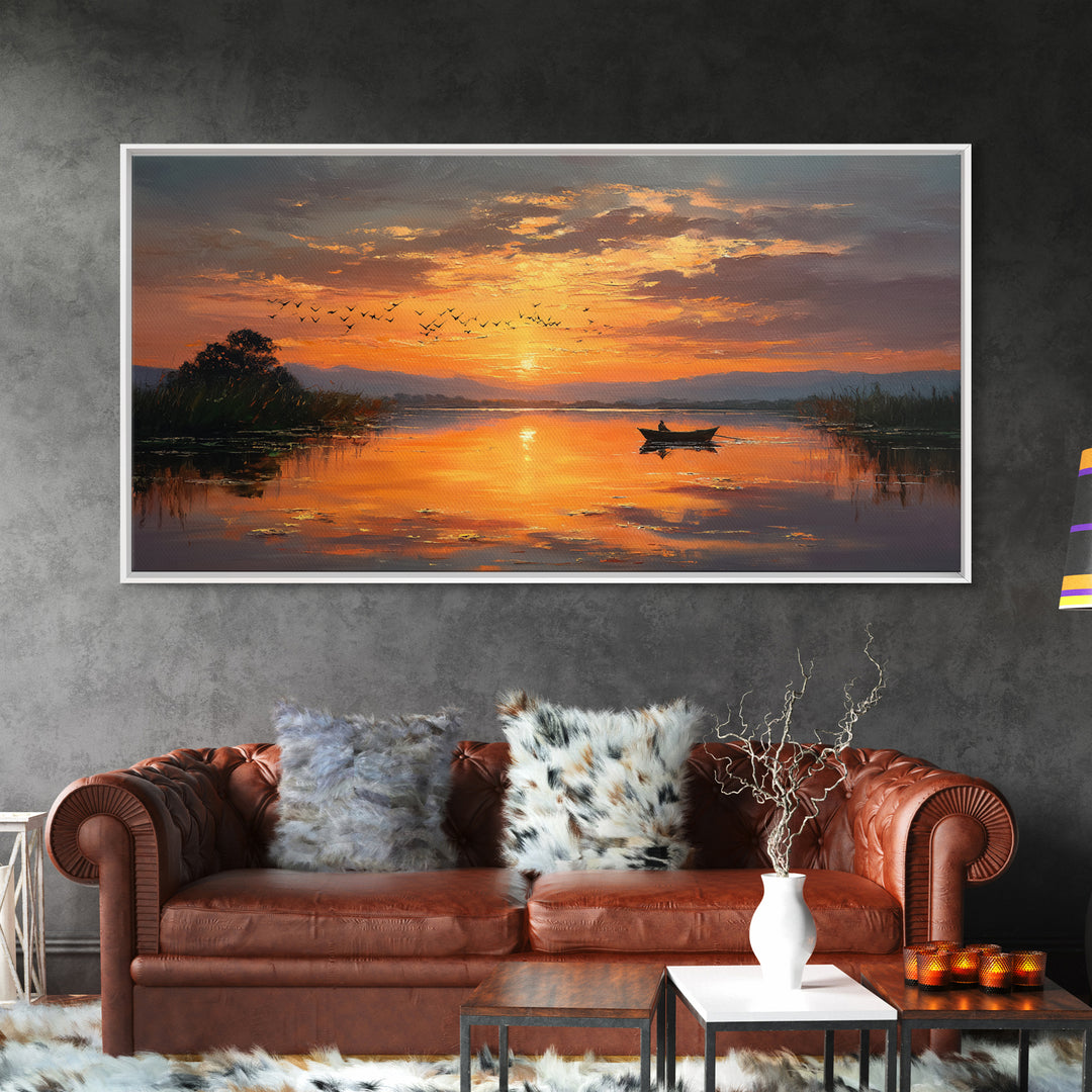 Majestic Sunset Over Calm River With Birds Flying Silhouettes Realistic Painting Wall Art Framed Canvas Print For Serene Decor