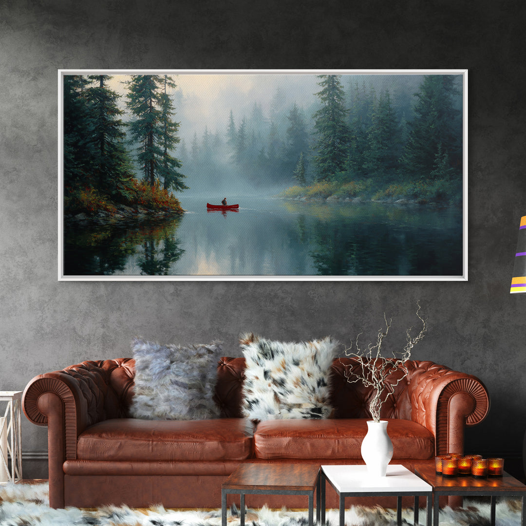Peaceful Forest Lake With Canoe And Mist Landscape Oil Painting Canvas Print Large Wall Art For Cozy Living Room Decor
