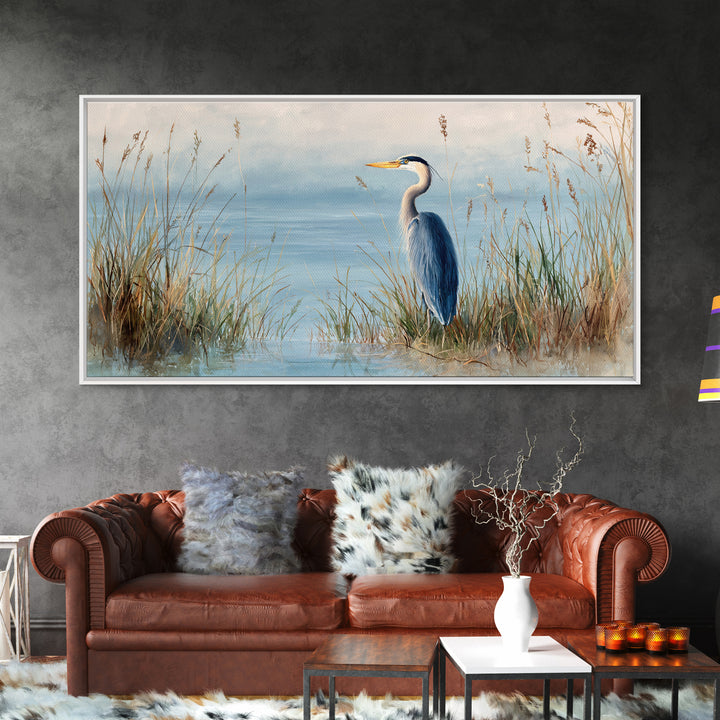 Serene Blue Heron In Marsh Landscape Painting Fine Art Print Framed Canvas Print Coastal Wall Art Quiet Nature Decor