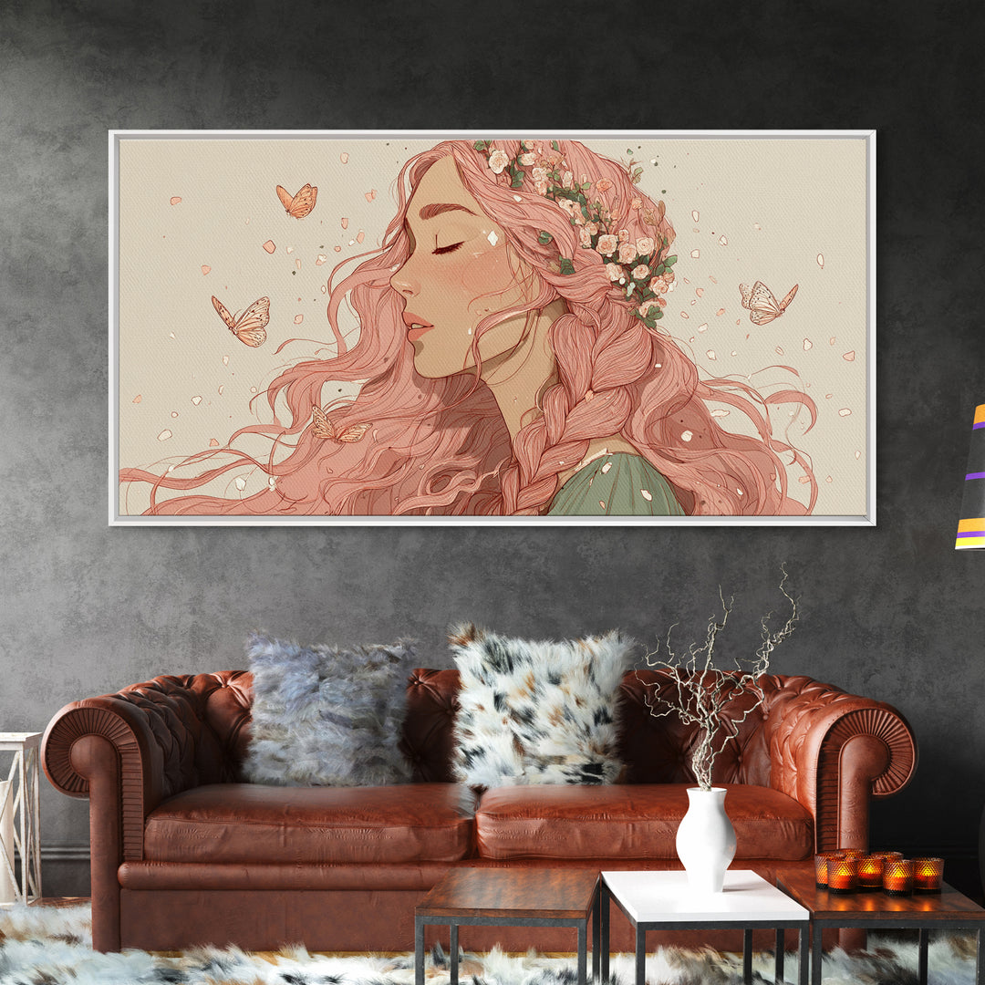 Pink Braided Floral Woman Portrait Wall Art, Feminine Boho Decor, Whimsical Butterfly Canvas Art, Gift For Her, Living Room Decor