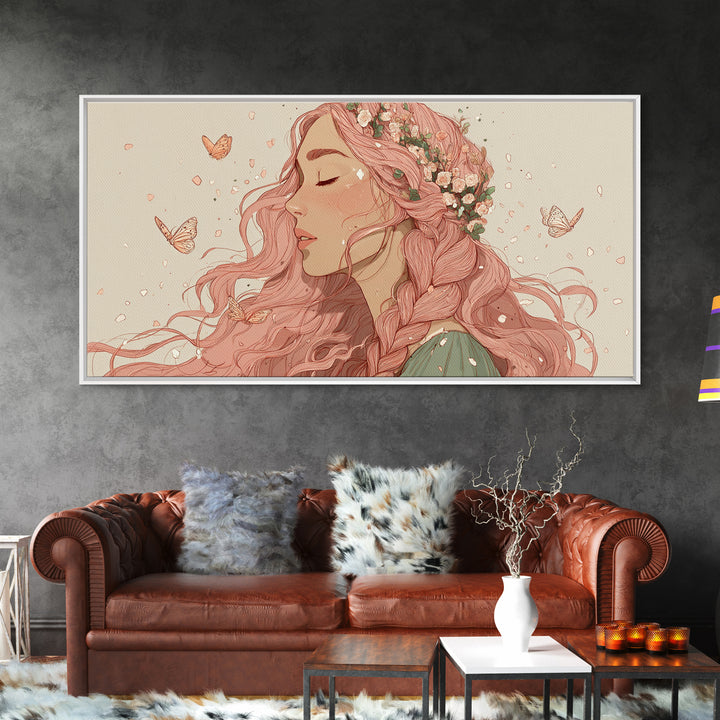 Pink Braided Floral Woman Portrait Wall Art, Feminine Boho Decor, Whimsical Butterfly Canvas Art, Gift For Her, Living Room Decor