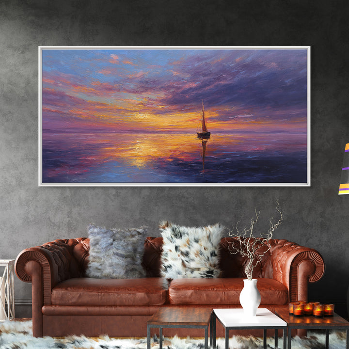 Sailboat Sunset Canvas Print Colorful Seascape Wall Art Modern Coastal Home Decor Nautical Poster