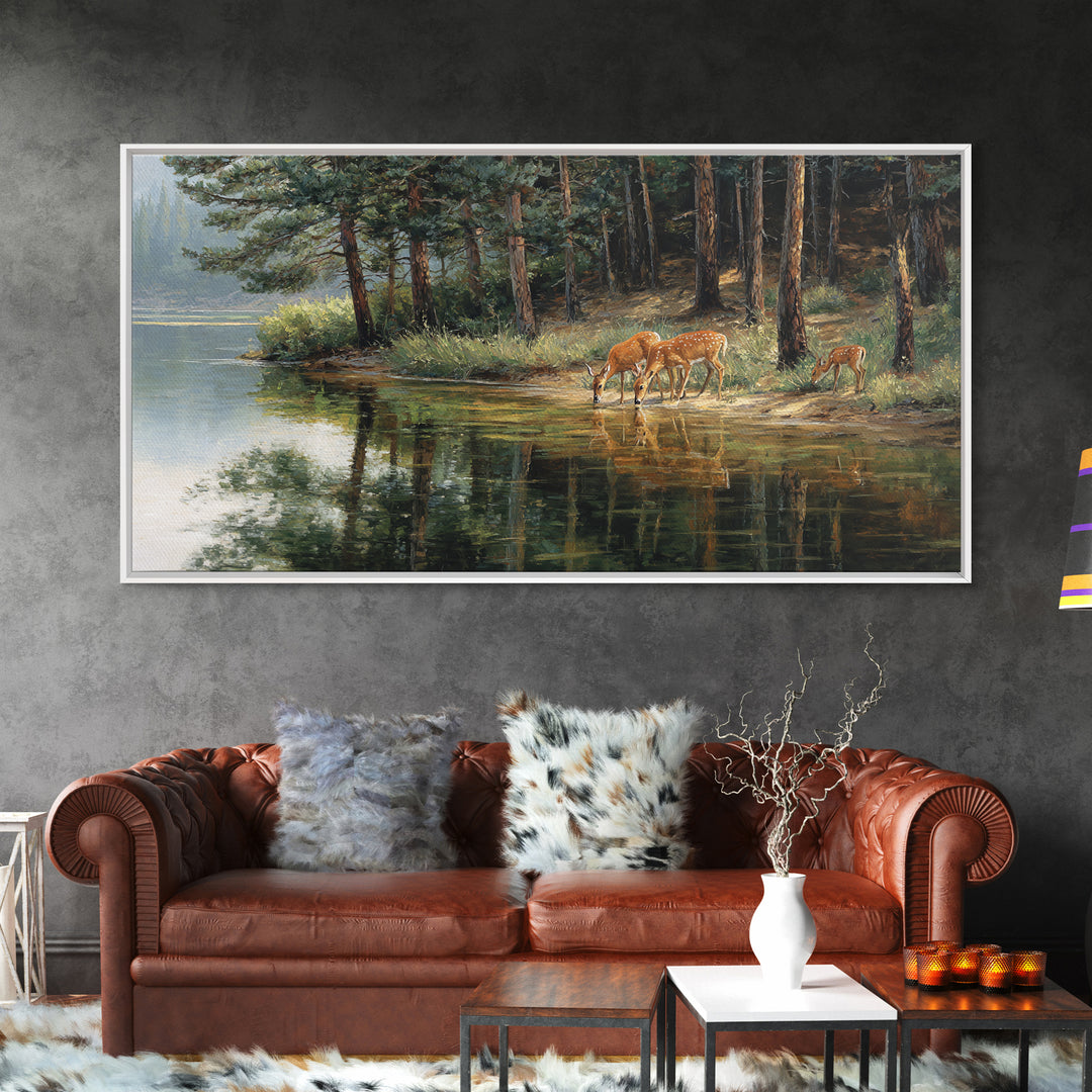 Realistic Wildlife Painting Deer Family Nature Wall Art Canvas Print For Rustic Home Decor And Living Room