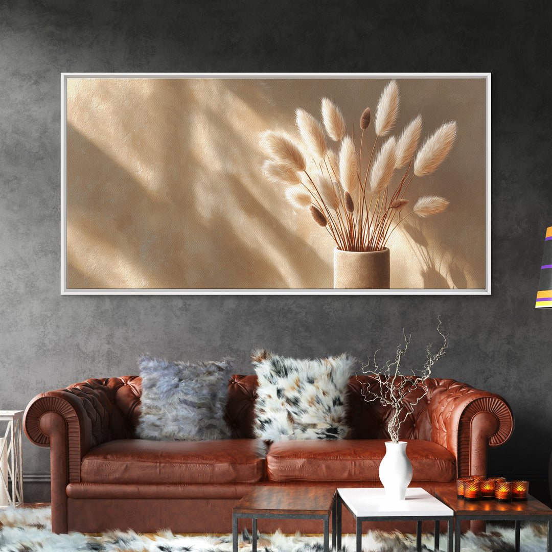 Soft Pampas Grass In Beige Sunlight Canvas Print, Minimalist Neutral Wall Art, Japandi Bedroom Decor Gift For Her, Modern Home Decor