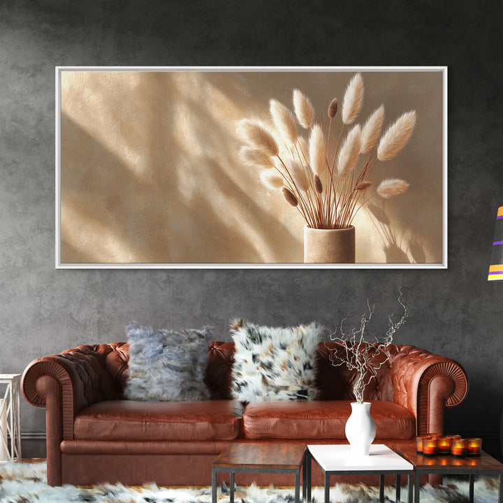 Soft Pampas Grass In Beige Sunlight Canvas Print, Minimalist Neutral Wall Art, Japandi Bedroom Decor Gift For Her, Modern Home Decor