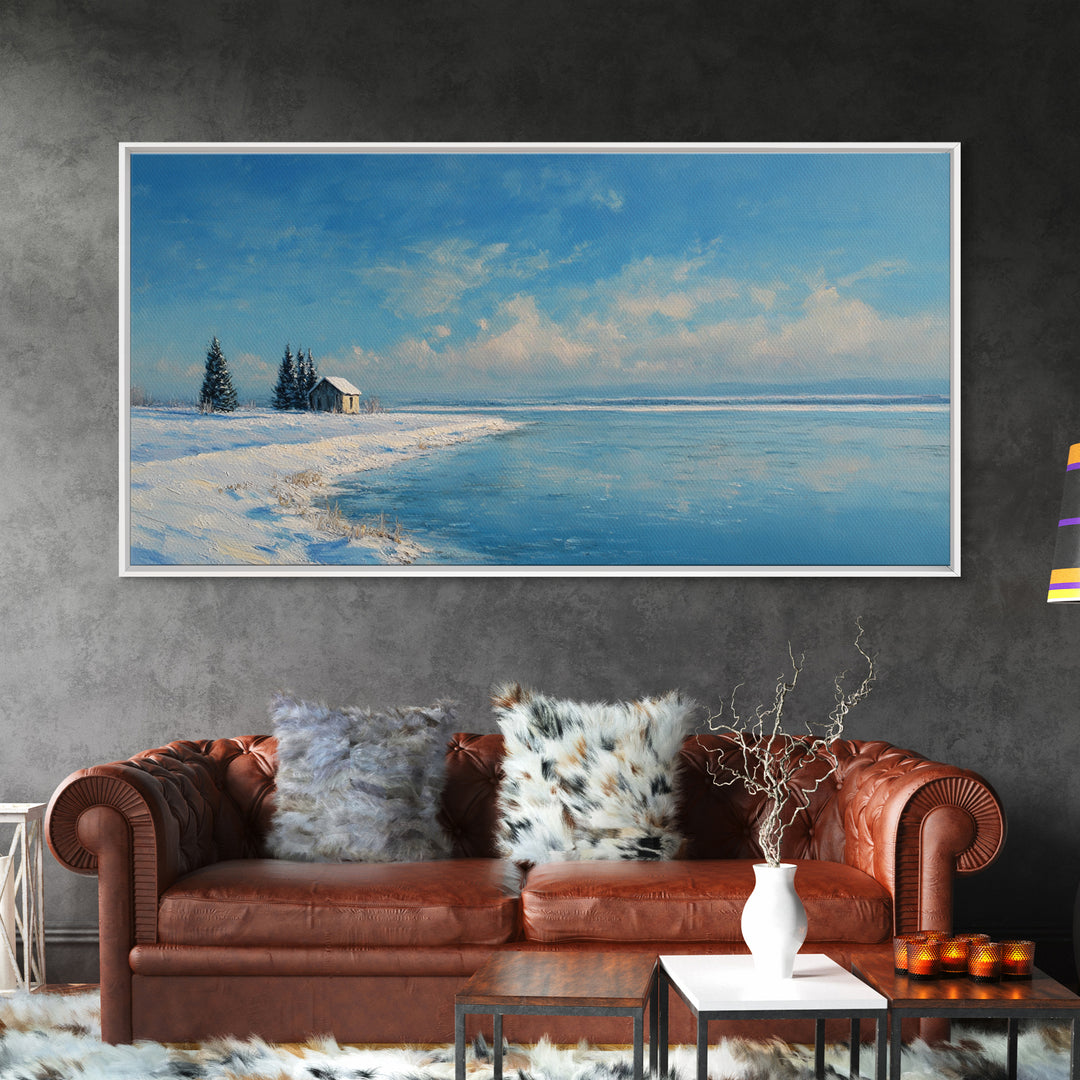 Serene Winter Lake Landscape Painting With Snowy Cabin And Pine Trees Art Print Wall Art Canvas Print For Home Decor