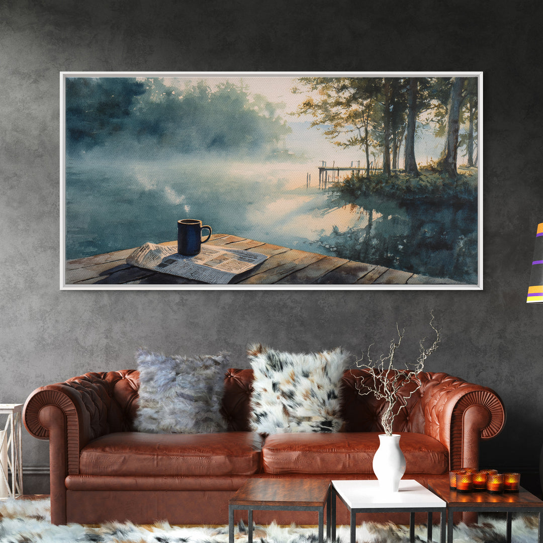 Morning Misty Lake With Coffee Cup Rustic Watercolor Painting Wall Art Framed Canvas Print
